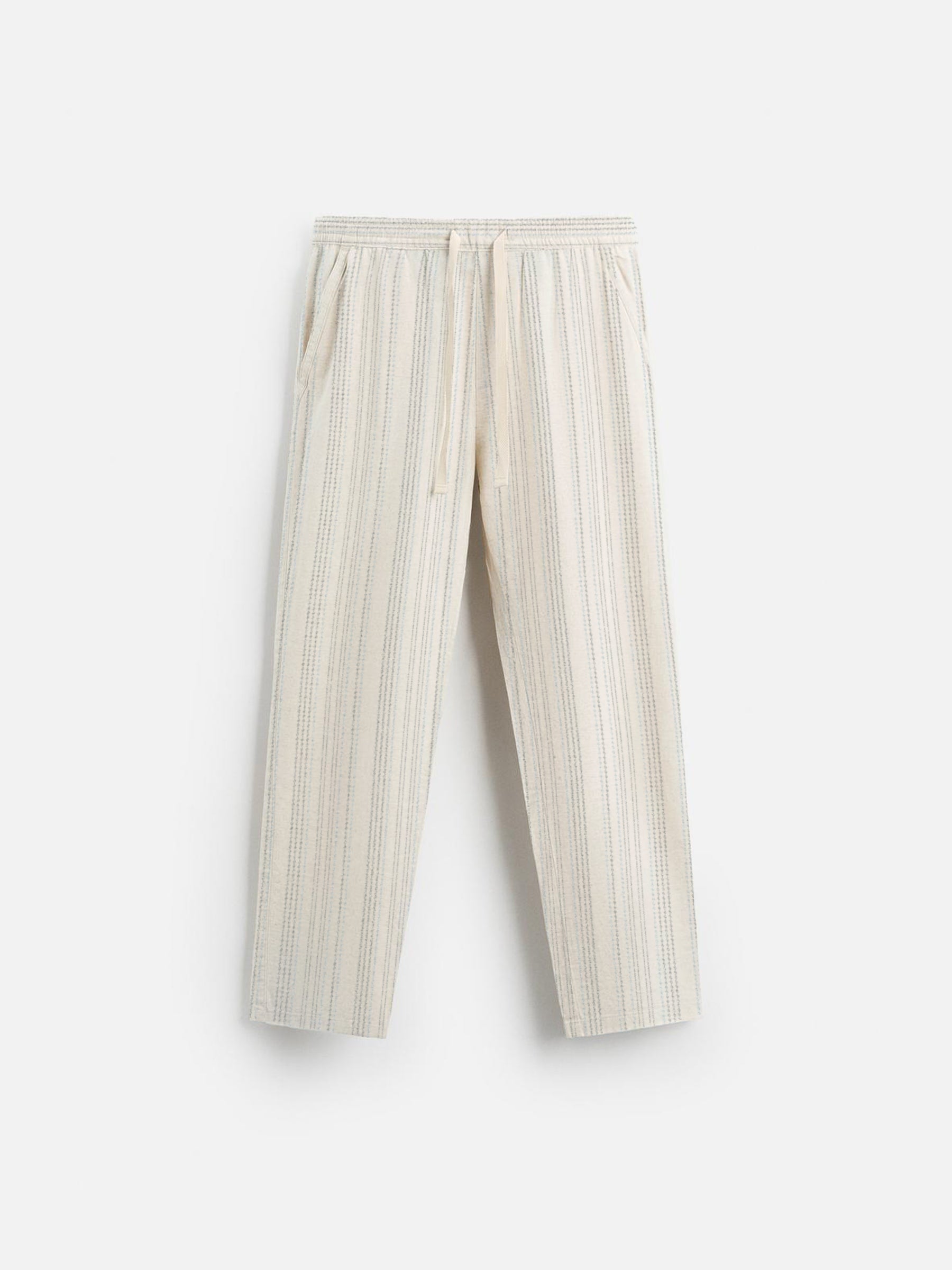 Drawstring linen pants with striped fabric for resort wear